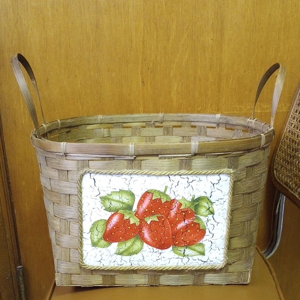 Woven Basket with Strawberry Design, Rope Trim & 2 Handles